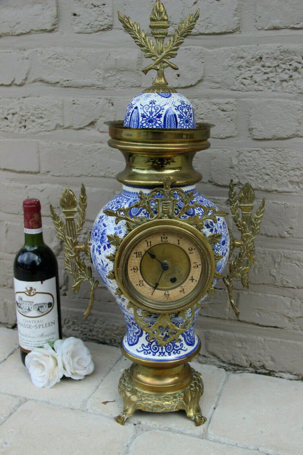 Huge DeLFT blue white pottery floral bird decor mantel clock