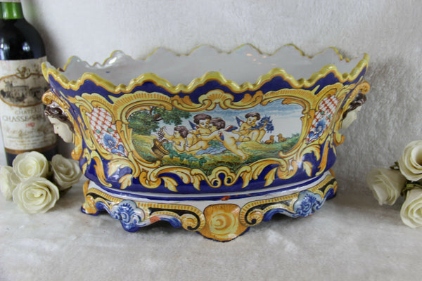 Gorgeous antique FRENCH MONTAGNON faience de nevers Planter jardiniere putti