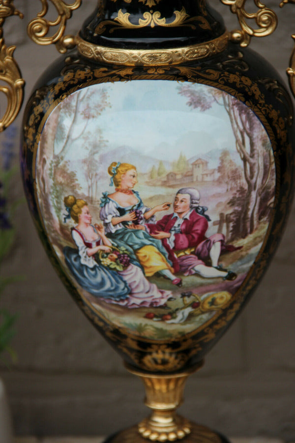 PAIR Cobalt blue porcelain Vases victorian romantic scenes marked 1960