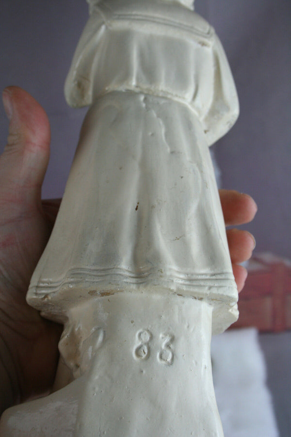 Cute Antique French chalkware girl figurine marked statue