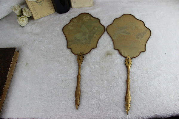 PAIR 19th c Antique French silk paint birds Fireplace screen face napoleon III