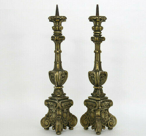 PAIR antique italian religious altar church candelabras candlestick wood carved