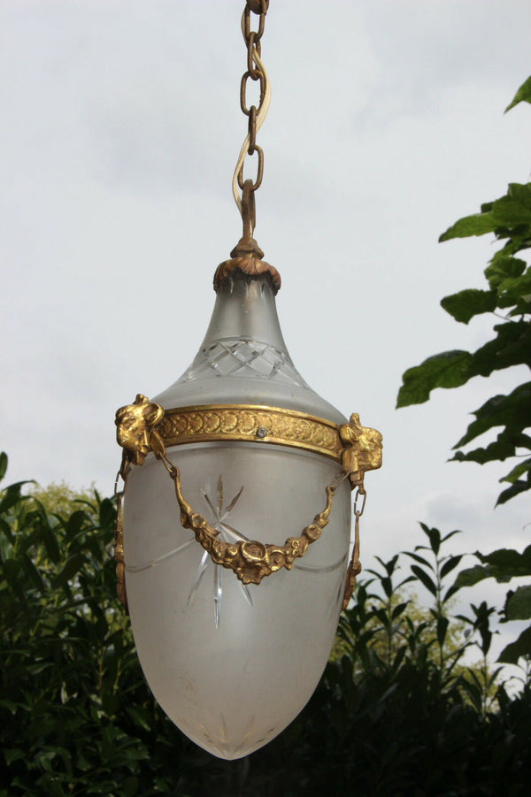 Antique Belgian VAL SAINT LAMBERT crystal clear glass pendant lantern chandelier