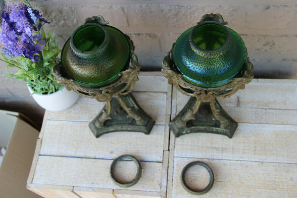 PAIR antique French Vases urns LOETZ green opalescent glass ram heads