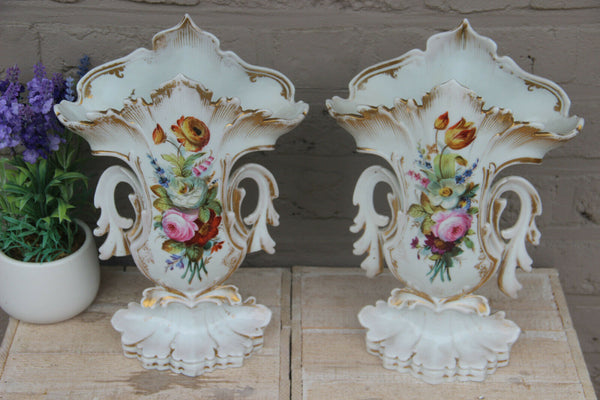 PAIR antique vieux paris hand paint floral porcelain vases 19th c
