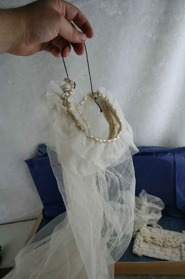Exclusive RARE  communion lace veil + purse + photo 1931 original box religious