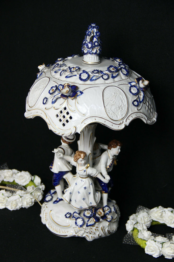 German PLAUE schierholz porcelain Lamp group figurines dancing blue white signed