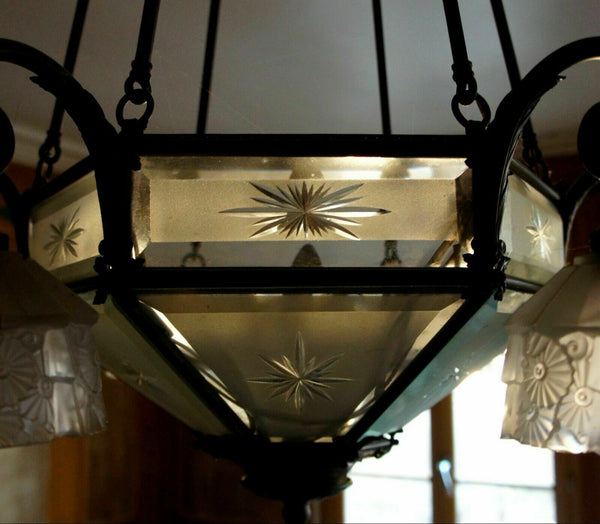 Antique French ART DECO 1930 Bronze Glass crystal cut chandlier 7 light