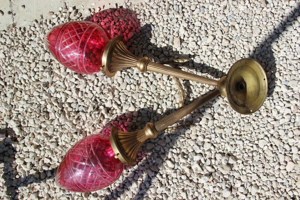 PAIR Bronze Louis XVI Wall lights sconces Baccarat crystal flame toch glass rare