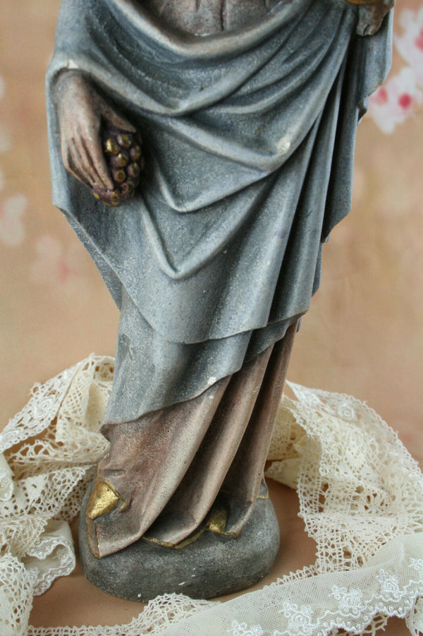 Antique French Holy Mary plaster statue pastel colors serenity 18.5