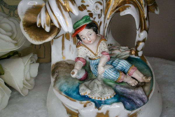 Antique Pair  French  porcelain hunt dog vases candle holder attr. jacob petit