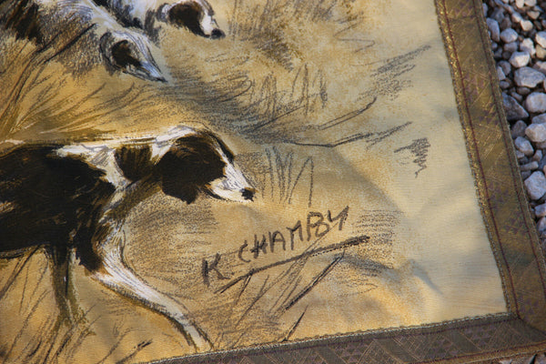 English 1950 XXL Wall TAPESTRY Hunting scene dogs horses signed maker