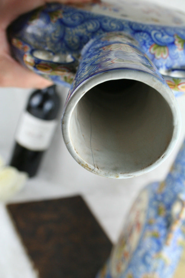Unusual RARE DELFT marked Kocks Moonflask floral polychrome peacock Vases