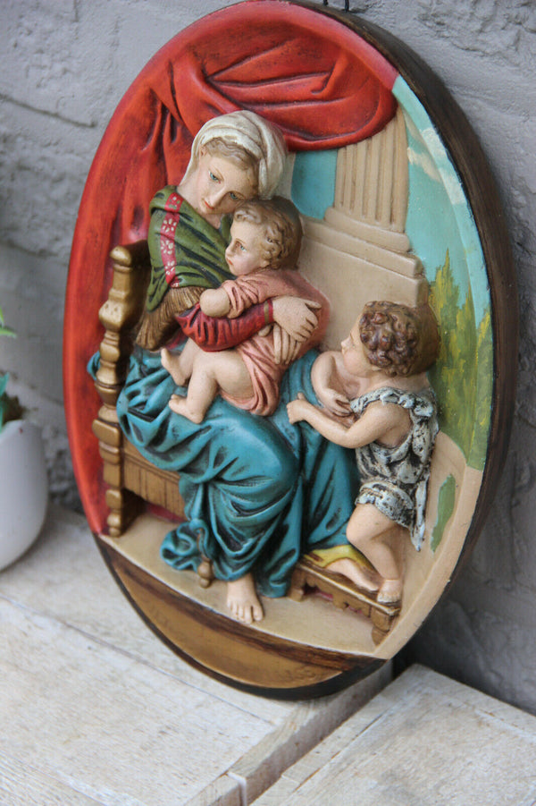 Antique chalkware polychrome hand paint wall panel relief madonna  religious