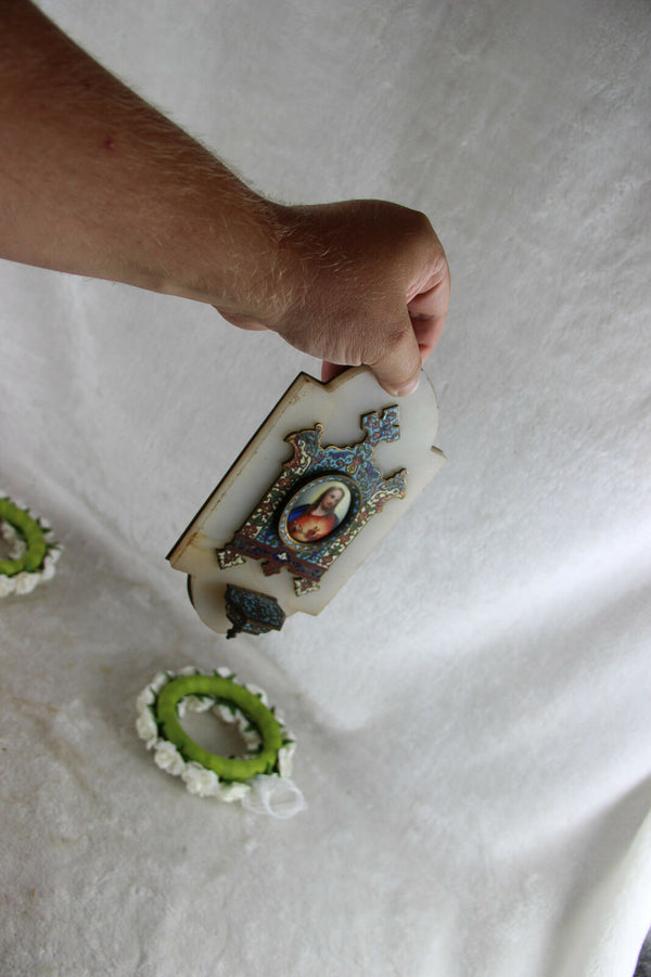 Antique French enamel Cloisonne Champleve saint jesus porcelain holy water font