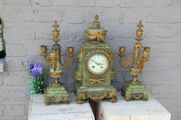Antique French onyx and brass mantel clock set louis XVI decor candelabras
