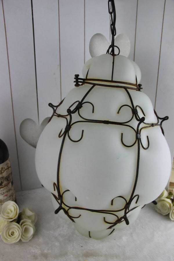 Gorgeous ITALIAN SEGUSO hand blown glass Caged Lantern lamp chandelier 70's
