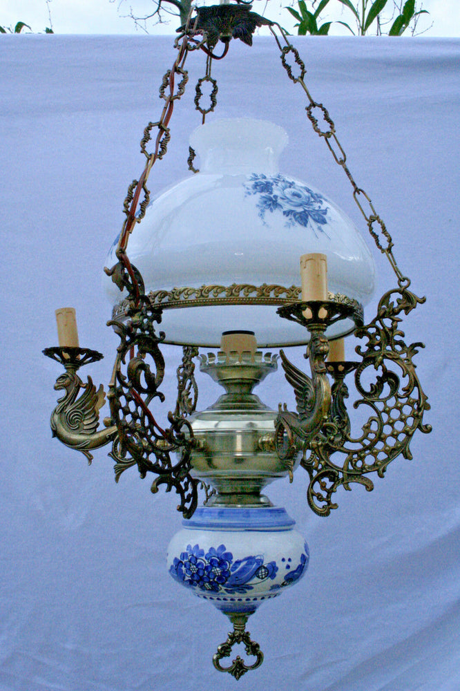Unusual 60's  Blue white delft faience glass Metal Dragons gothic chandelier