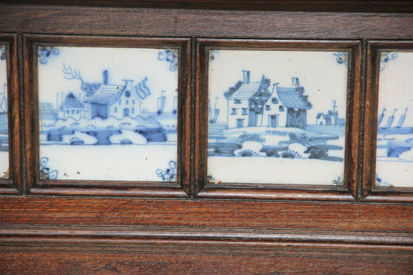 Huge Antique oak wood carved wall coat rack delft pottery tiles 1920s