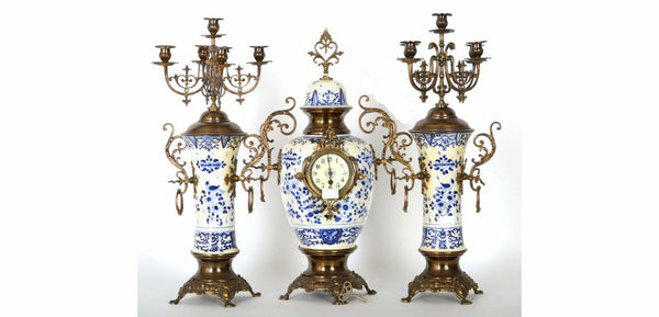 XXL Delft Bluewhite pottery birds decor clock candelabras 1930 Holland mantel