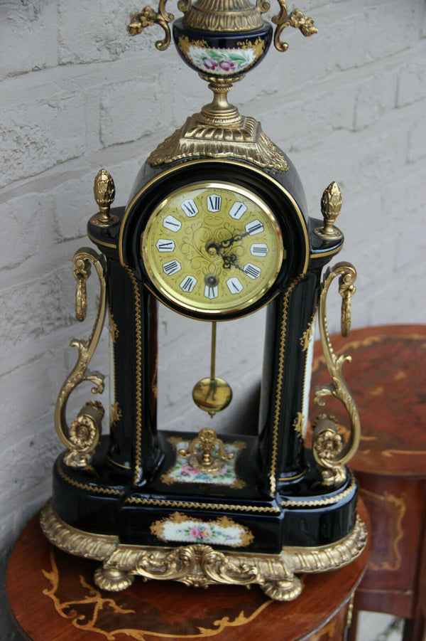 XL ACF sevres porcelain marked Mantel clock floral decor