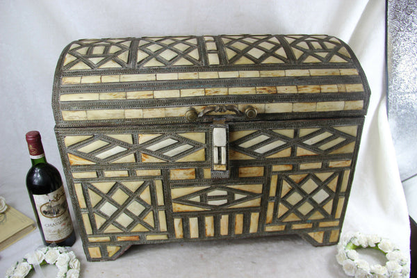 Huge XL Antique Maroccan African Treasure chest box inlaid artisan work rare