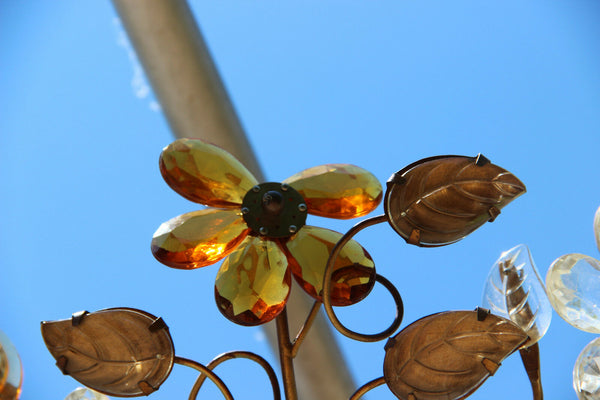 French Mid-Century Cut Amber Crystal Floral Pendant Chandelier Maison Baguès