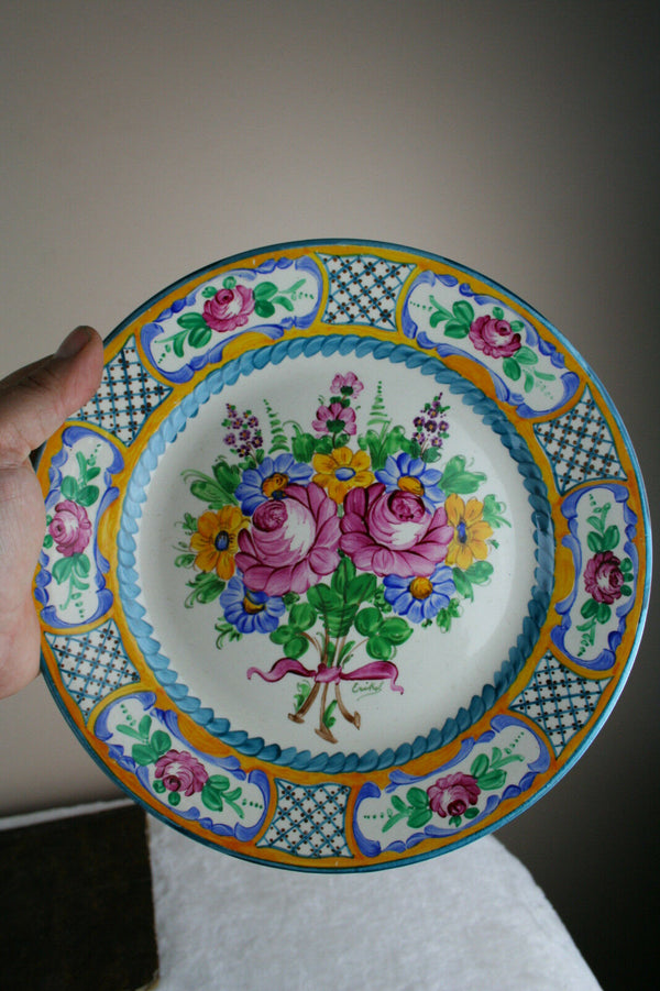 PAIR Faience pottery Plates floral hand paint decor French 1950's signed