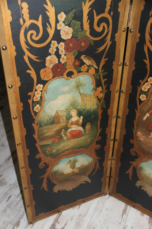 Antique XL French folk art 4 season putti animal Childs hand paint Room screen