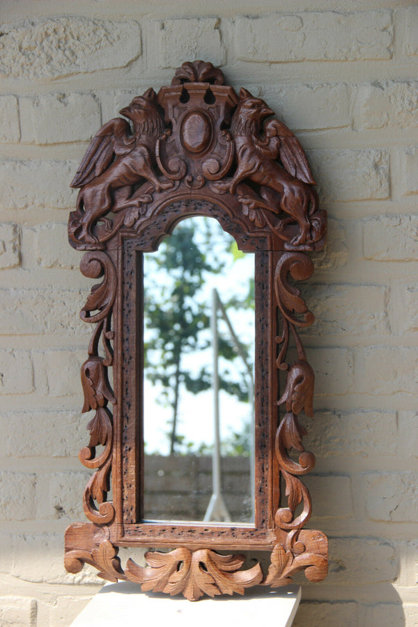Rare antique 1920 wood carved Dragons gothic Griffin Wall mirror
