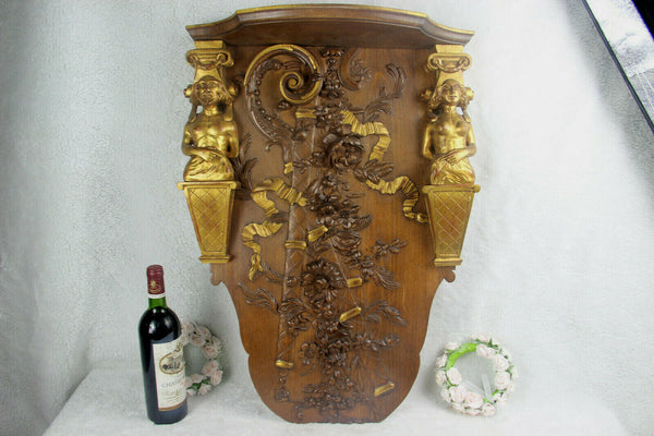 XL Antique French wood carved Caryatid figurine wall console plaque relief rare