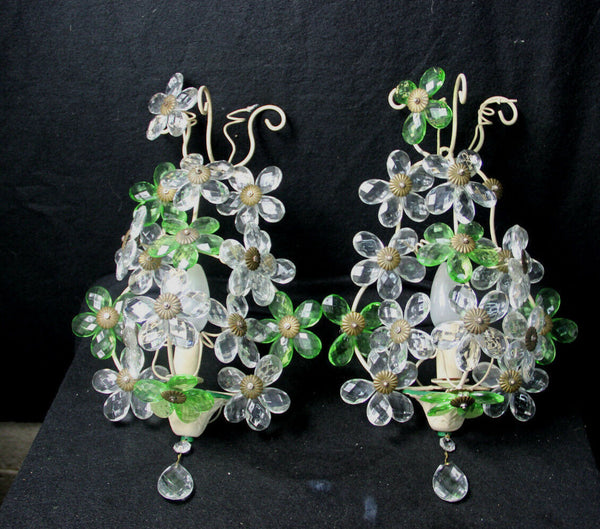 PAIR French Daisy flower green glass wall lights sconces attr maison bagues 1960