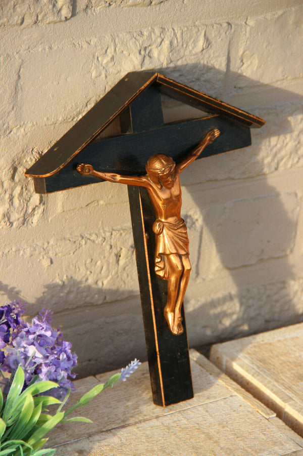 French antique wood chapel metal christ crucifix