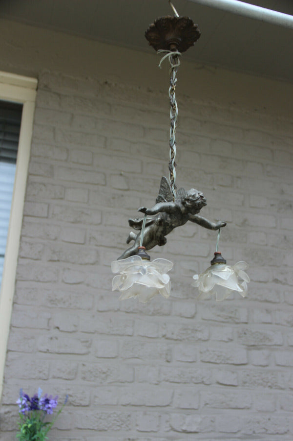 Superb antique parisian spelter bronze putti angel pendant lantern chandelier