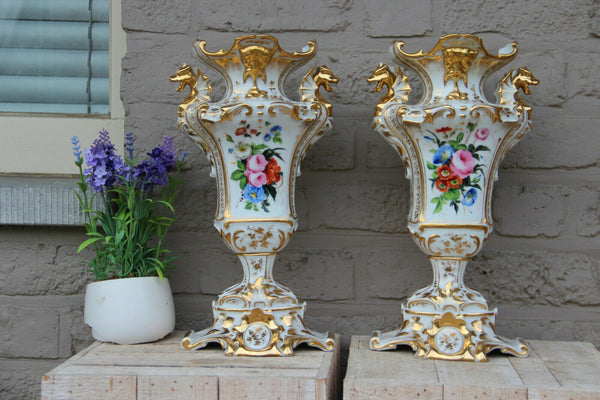 PAIR Antique 19thc Vieux paris porcelain Vases dragon gothic victorian rare