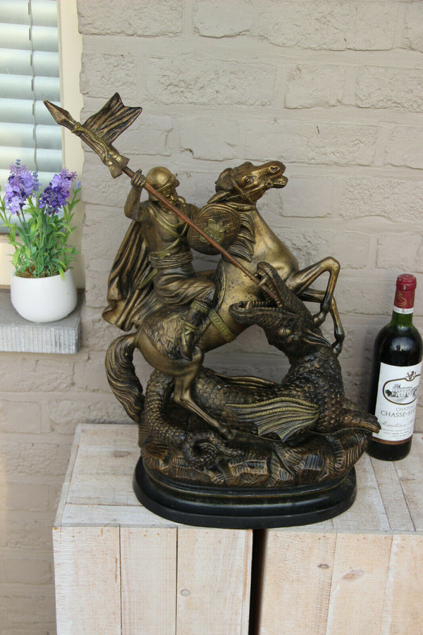 Antique XL French Group Terracotta Saint George Dragon Statue religious