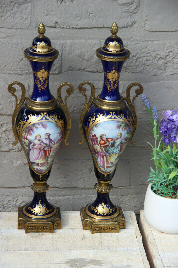 PAIR antique French Sevres porcelain Cobalt blue Vases romantic victorian scene