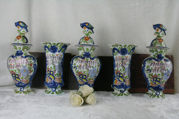 Antique 19thc  Set Delft pottery  Holland Polychrome Bird Vases set marked