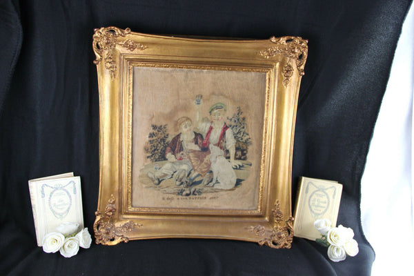 Antique very old 1847 signed needlework painting framed french school friendship