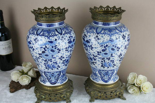 PAIR 1900 Delft Boch pottery Vases with birds bronze frames satyr devil heads