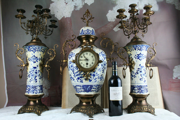 XXL Delft Bluewhite pottery birds decor clock candelabras 1930 Holland mantel