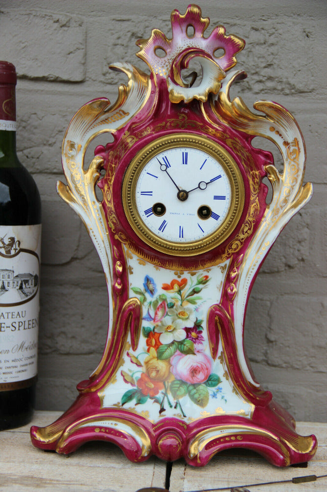 French antique vieux paris porcelain hand paint floral mantel clock