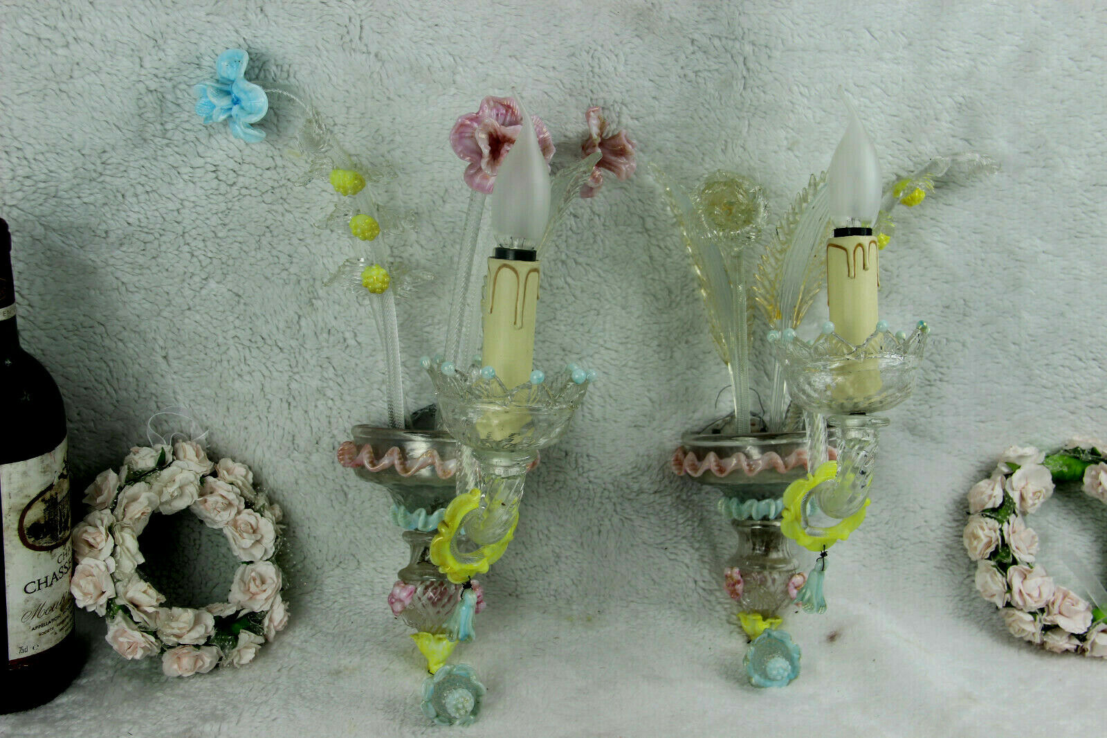 PAIR MURANO venetian hand blown multi colour wall lights sconces 1970