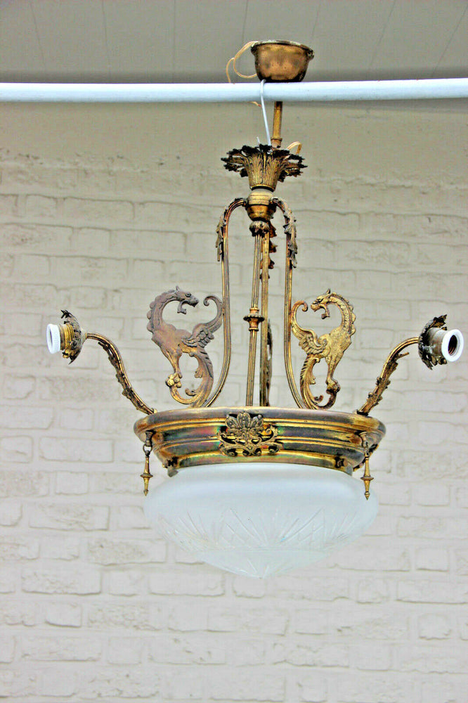 Antique French Gothic 3 Arm dragon Castle chandelier crystal glass coupe lamp