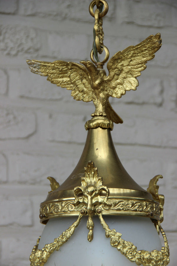 Antique French hall lantern chandelier Eagle ram heads crystal glass shade