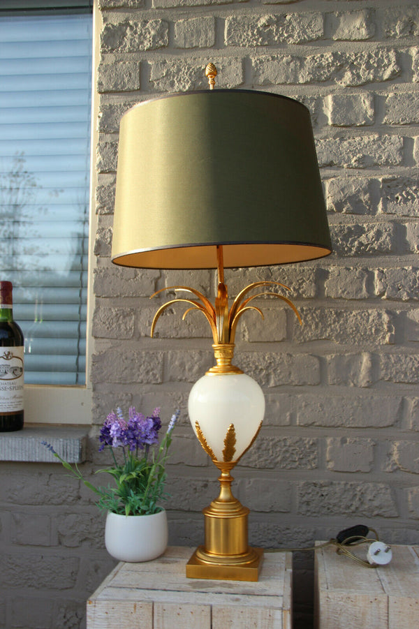 Mid century Brass opaline pineapple Leaf Table lamp attr Maison JANSEN 1960