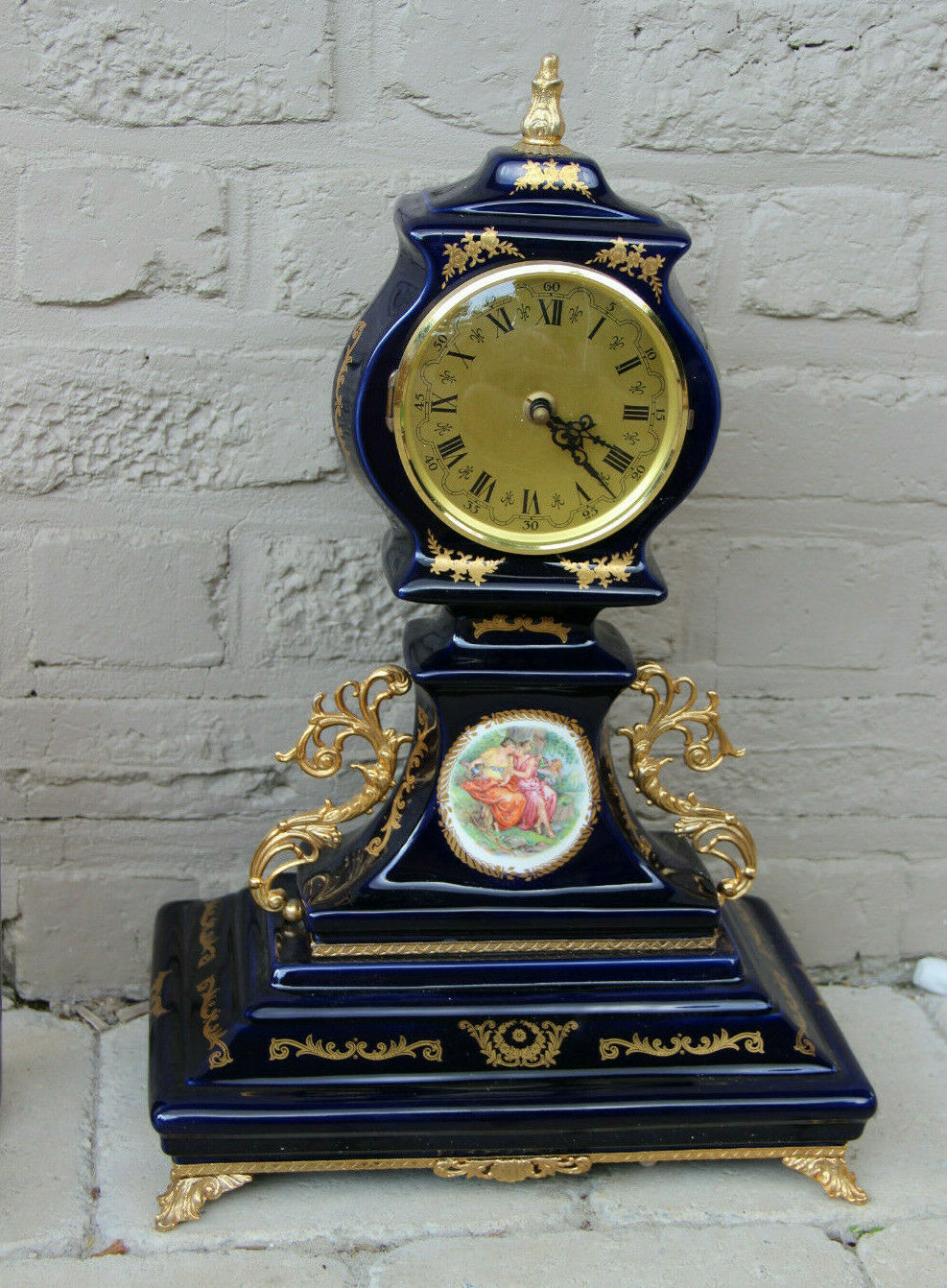 French Limoges blue porcelain Clock victorian romantic scene 1970