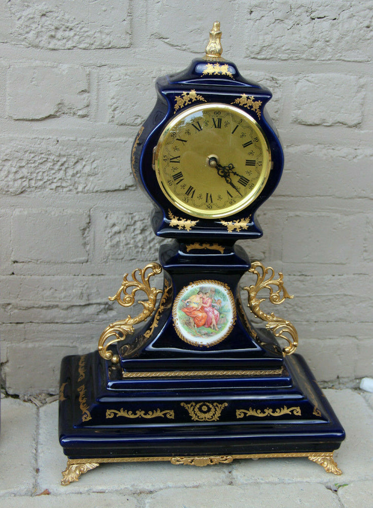 French Limoges blue porcelain Clock victorian romantic scene 1970