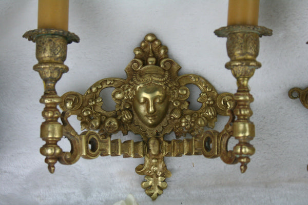 Pair French Bronze brass putti cherub angel heads wall sconces lights 1930