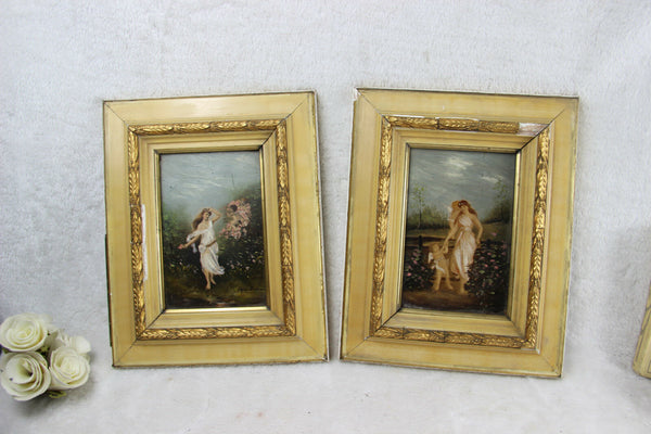 PAIR French romantic putti oil panel painting romantic scene